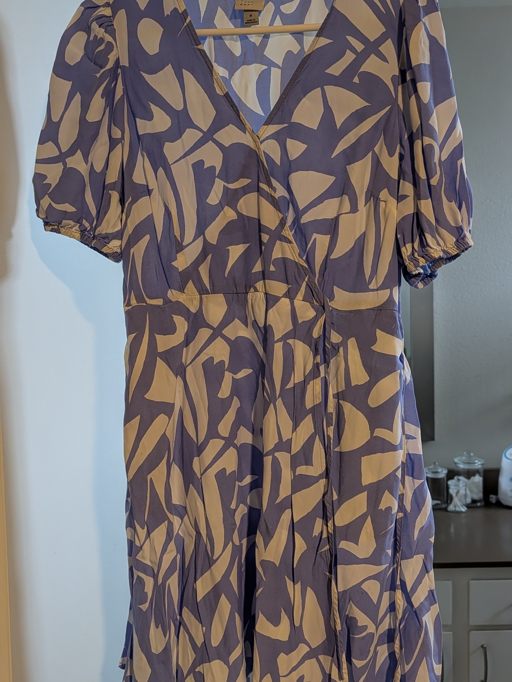 Abstract Print V-Neck Mini Dress in Lavender and Cream